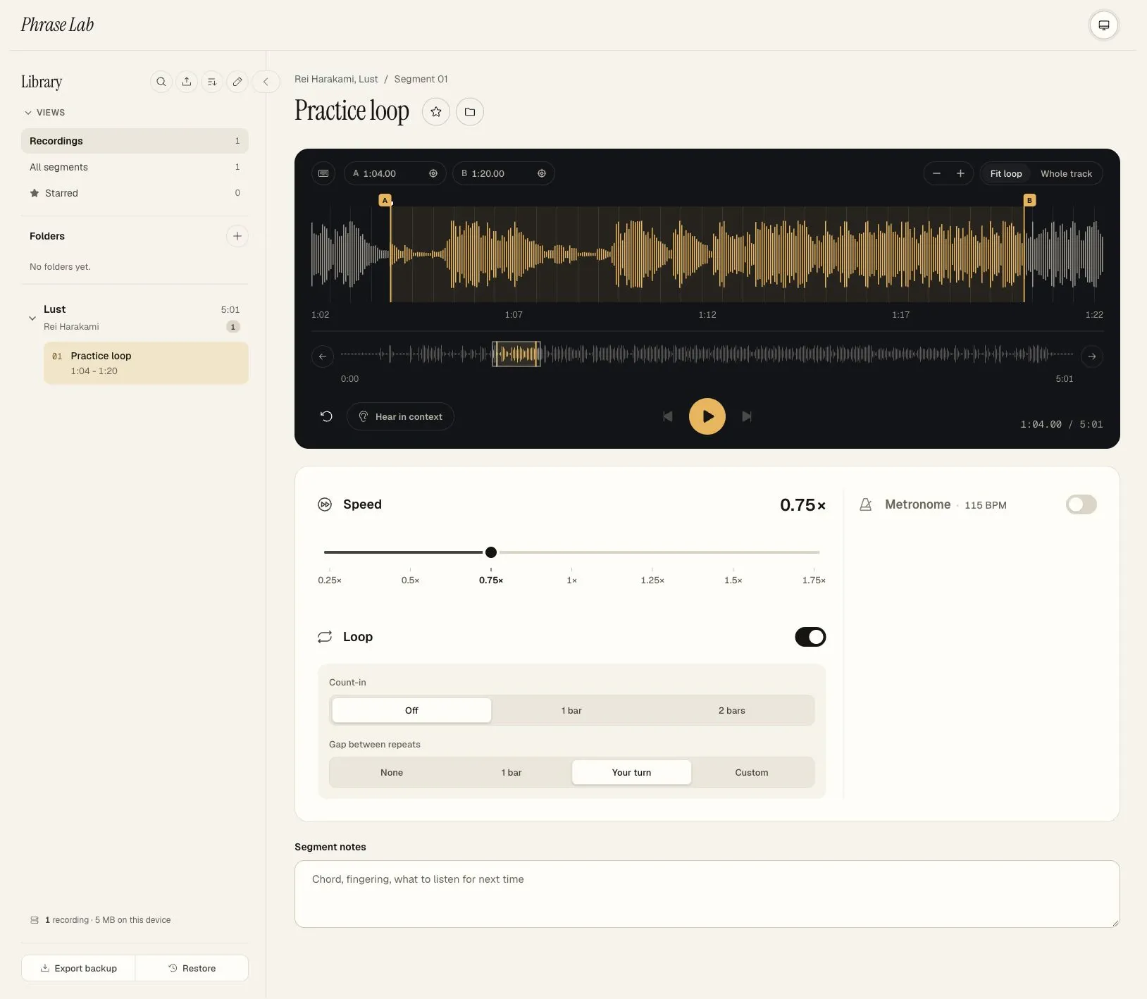 Phrase Lab Transcribe Studio with a saved practice loop, waveform overview, playback speed, and recording library