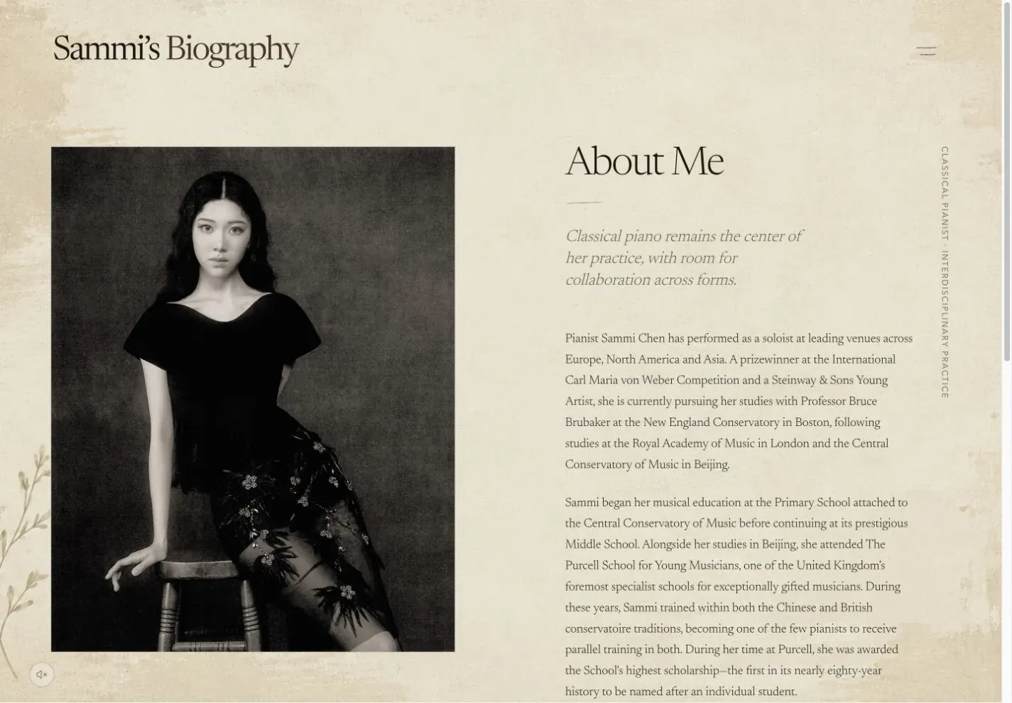 Sammi Klavier Biography page on desktop