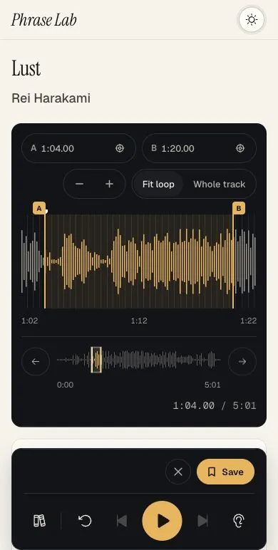 Phrase Lab mobile transcription studio with loop points, a waveform, and fixed playback controls