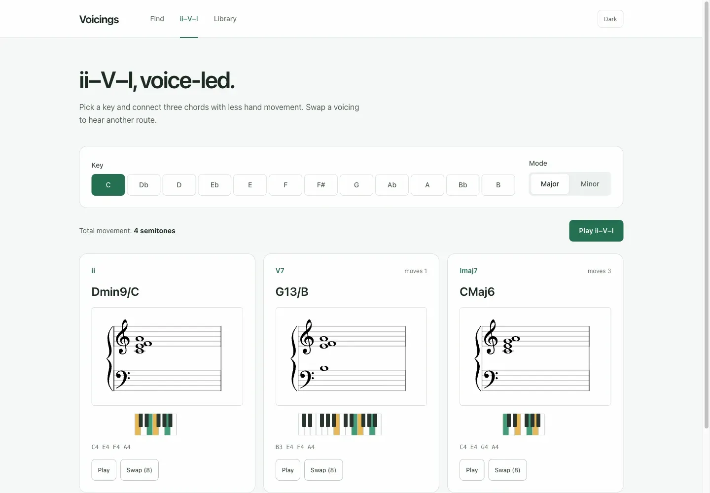 Voicings ii–V–I page chaining Dmin9, G13, and CMaj6 with staff notation and keyboards