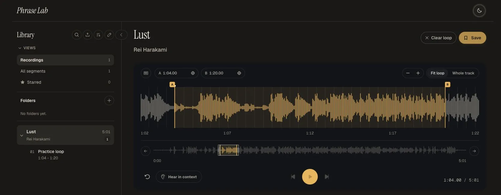 Phrase Lab desktop recording library with a selected loop and waveform playback controls