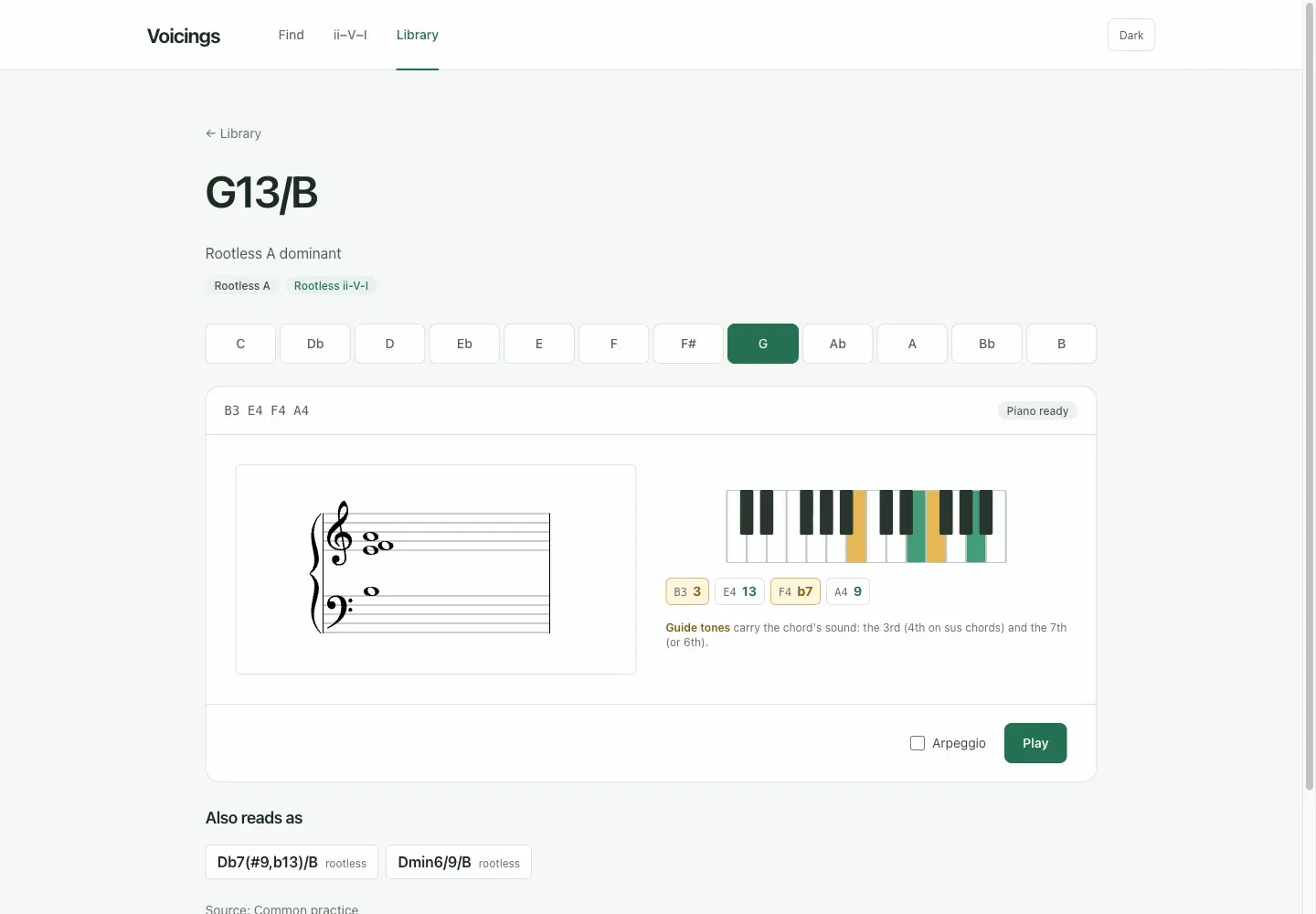 Voicings G13/B voicing page with staff, keyboard degrees, guide tones, and alternate readings
